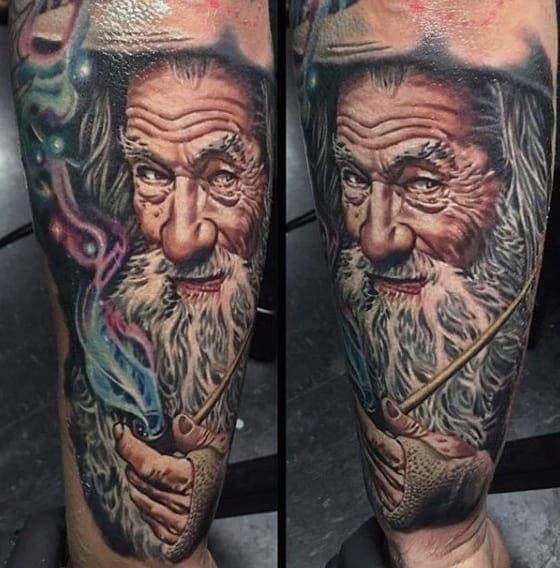 Realistic lord of the rings gandalf mens forearm tattoo sleeve
