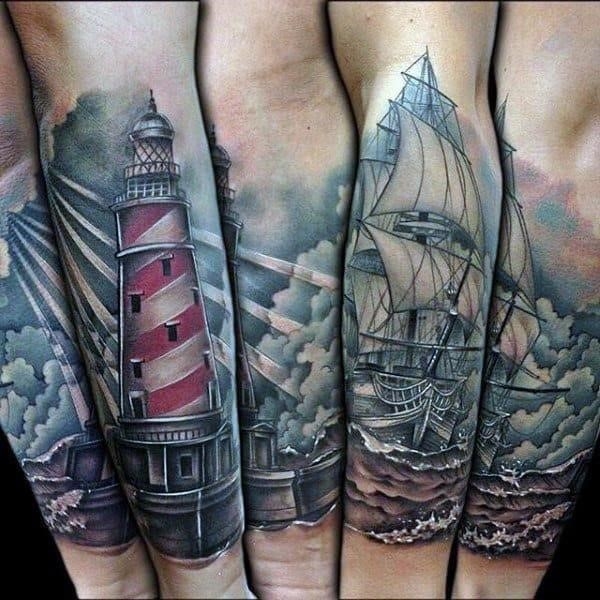 Realistic mens forearm sleeve lighthouse tattoo with ocean ship