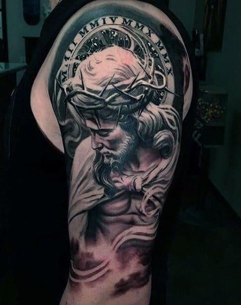 Realistic religious male sleeve tattoo