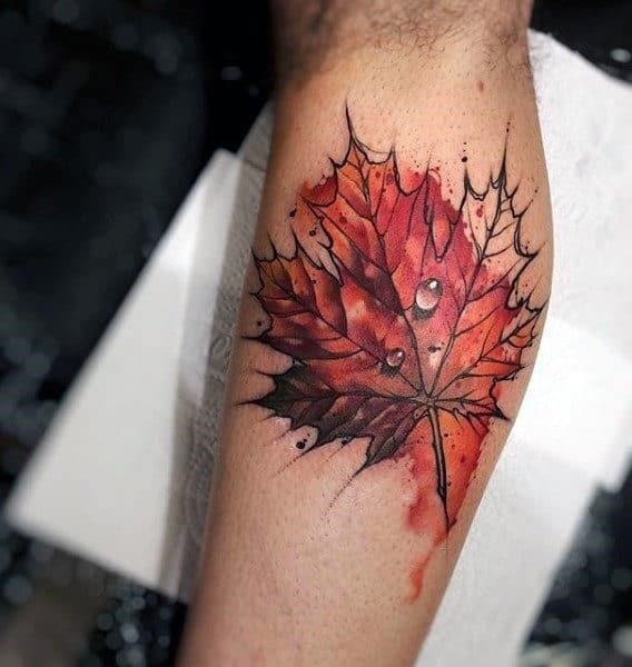 Realistic water droplet maple leaf mens watercolor leg calf tattoos