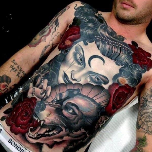 Red flowers with female portrait male wolf full chest tattoo