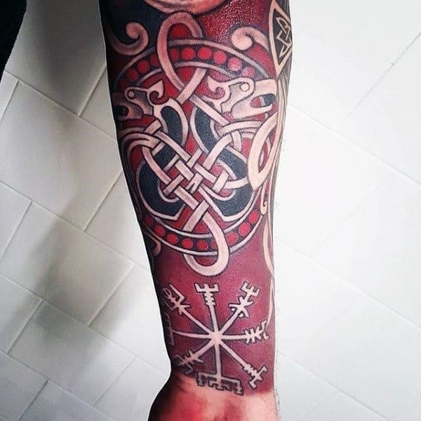 Red ink celtic knot rune mens forearm sleeve tattoo