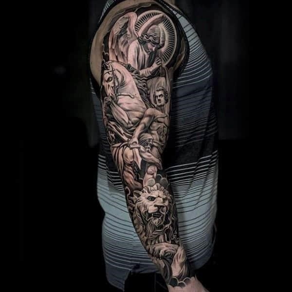 Religious guys lion full sleeve tattoos