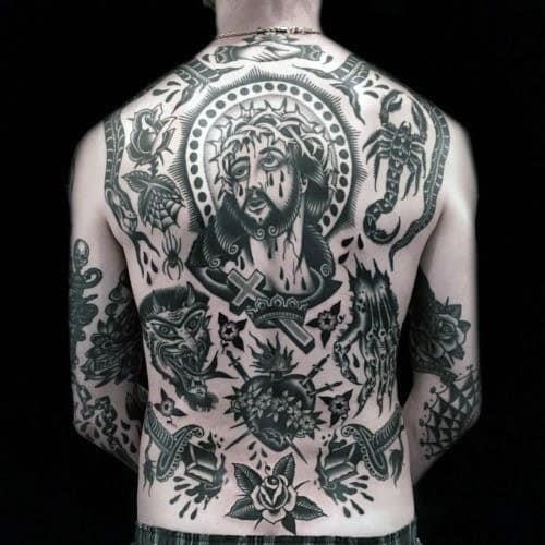 Religious guys traditional full back tattoos