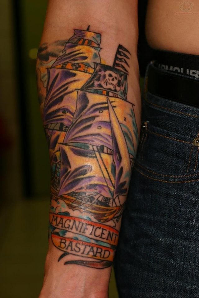 Right sleeve pirate ship tattoo