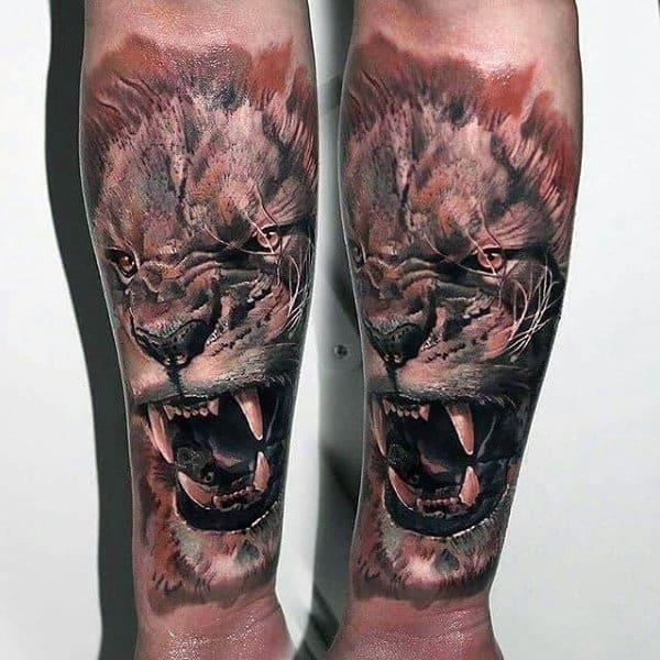 Roaring lion male animal tattoo forearm sleeve