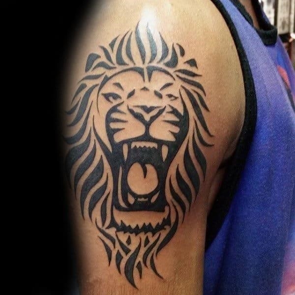 Roaring tribal lion arm tattoos for guys