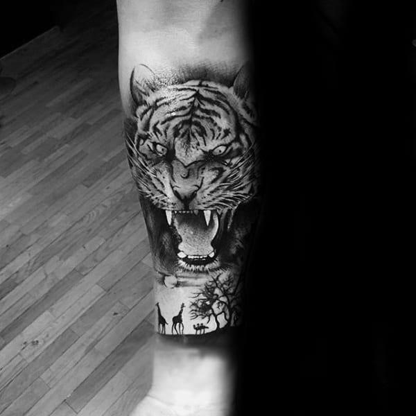 Roraring tiger animal forearm quarter sleeve tattoos for guys