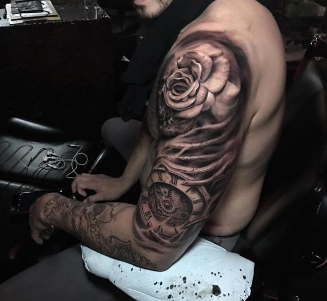 Rose clock mens arm tattoo