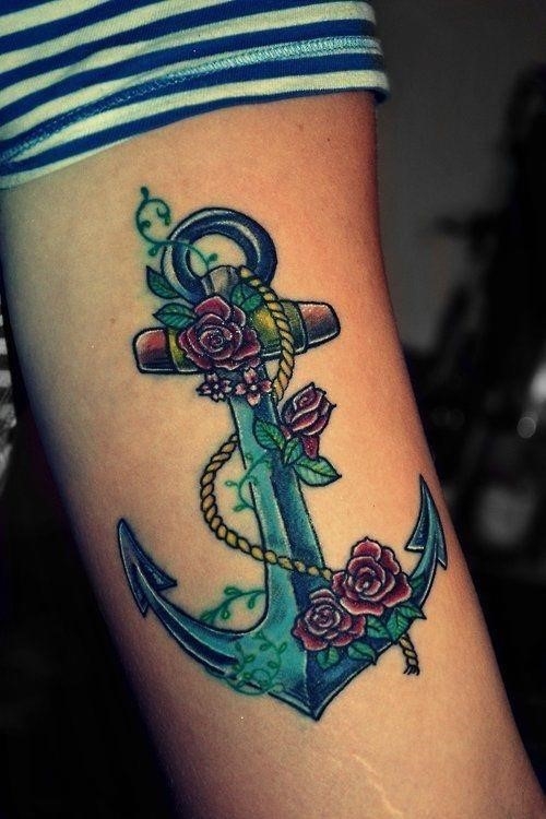Rose flowers and anchor feminine tattoo
