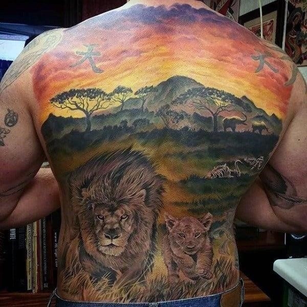 Safari guys sunset full back lion tattoos