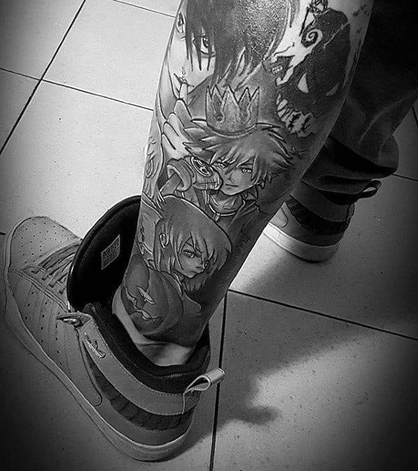 Shaded leg sleeve anime tattoo on men