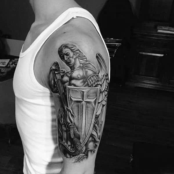 Shield angel mens arm tattoo