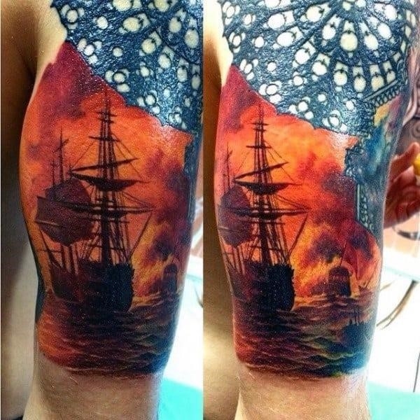Ship flames male tattoo sleeve