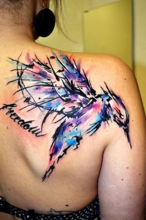 Shoulder color freedom bird tattoo
