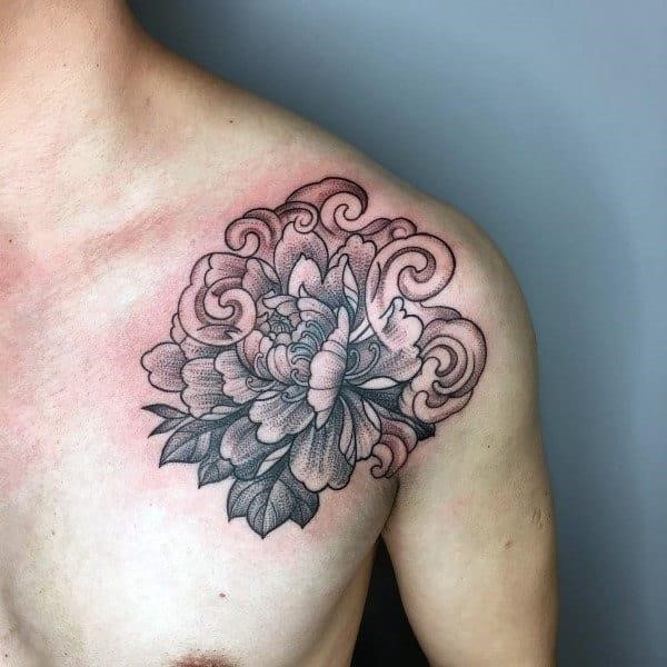 Shoulder dotwork lotus flower tattoos for guys