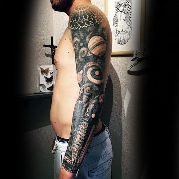 Sick grey planets and buildings tattoo male full sleeves