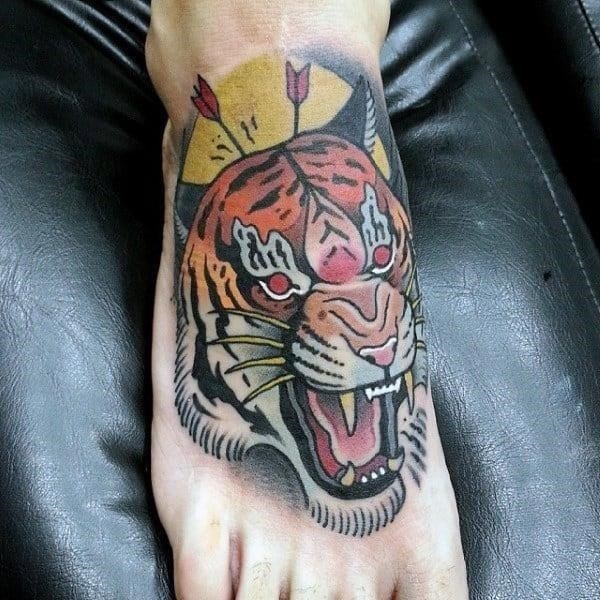 Sick screaming tiger tattoo male feet