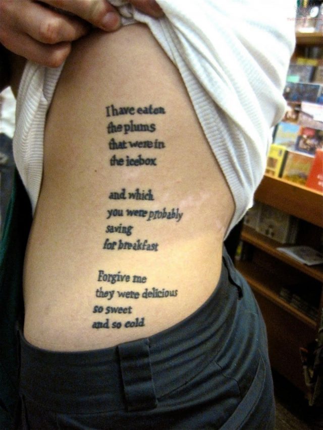 Side rib literary tattoos for women