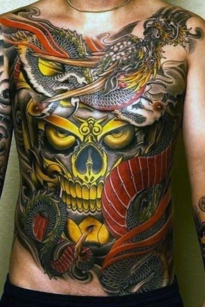 Skull and dragon stomach mens japanese tattoo designs