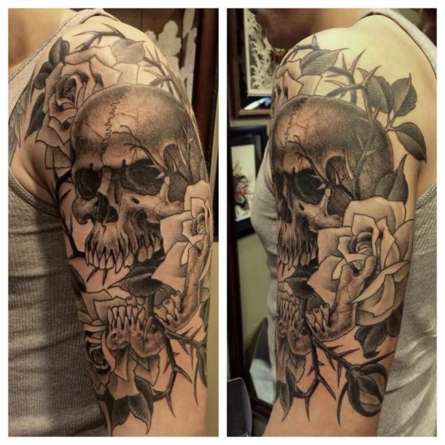 Skull butterfly art rose men tattoo