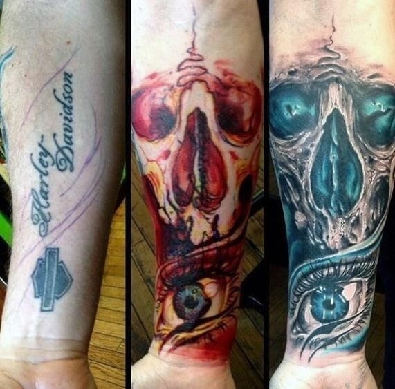 Skull with eye forearm sleeve tattoo cover up ideas for men