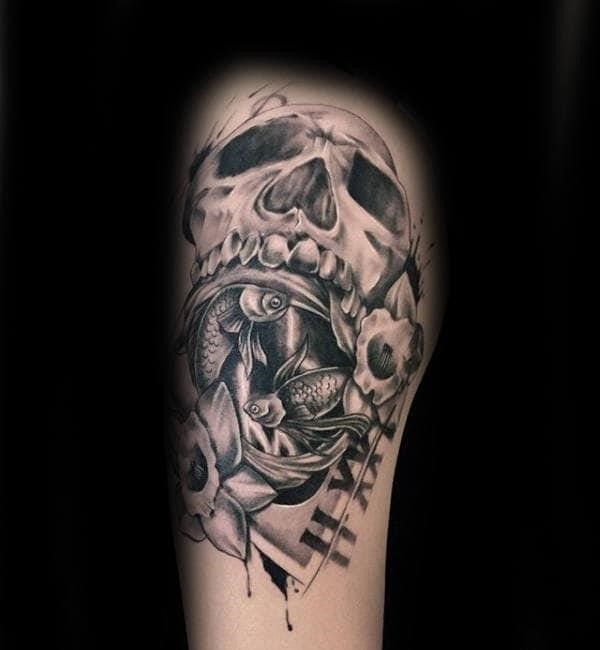 Skull with fish pisces mens abstract arm tattoos