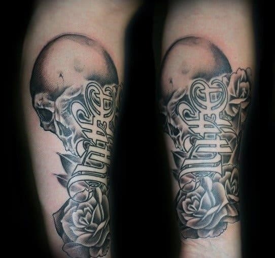 Skull with rose life death ambigram male tattoos on inner forearm