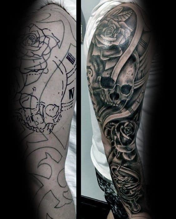 Skulls with rose flowers mens tattoo cover up sleeve with shaded design