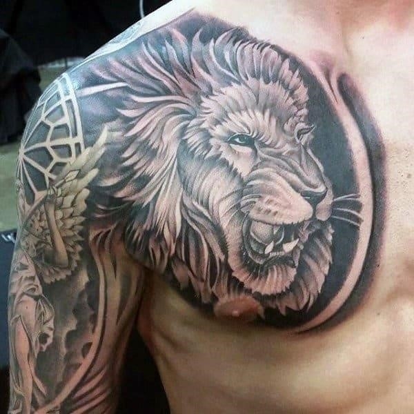 Sleeve and chest male lion tattoos