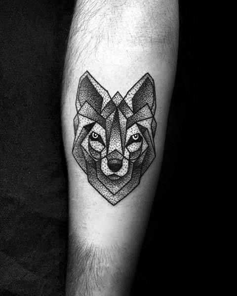 Small coolest mens dotwork geometric wolf inner forearm tattoo for guys