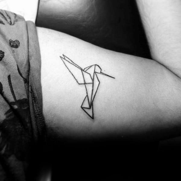 Small simple hummingbird geometrical black ink outline guys bicp tattoos