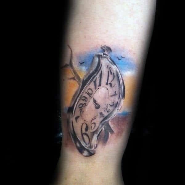 Small wrist melting clock male tattoos