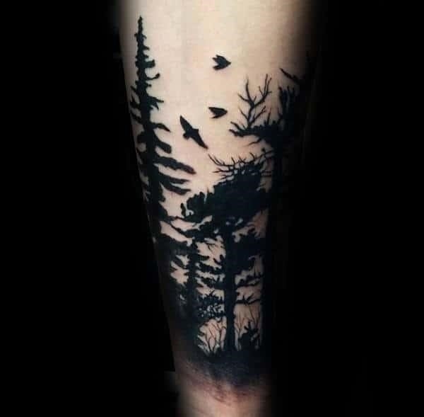 Solid black ink guys forest tattoo designs