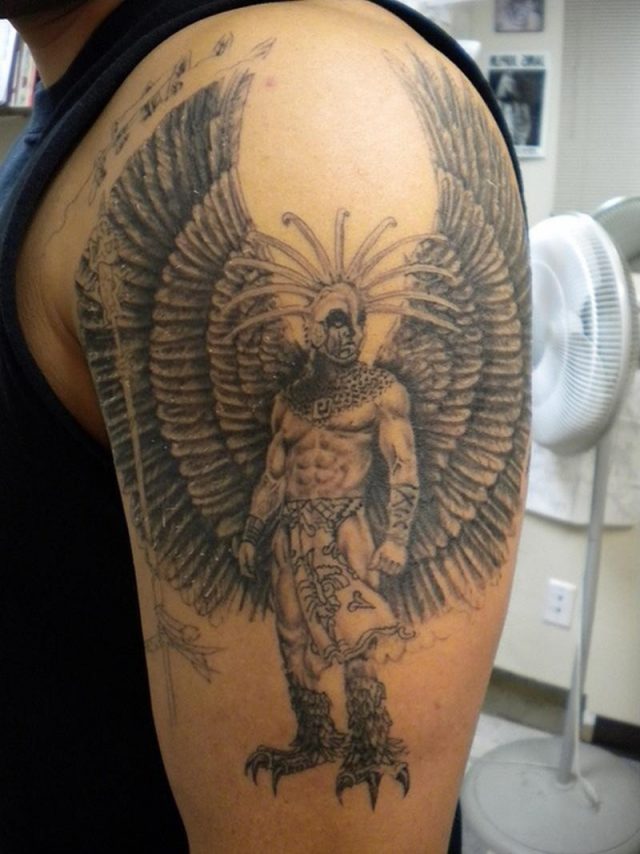 Standing aztec warrior tattoo design