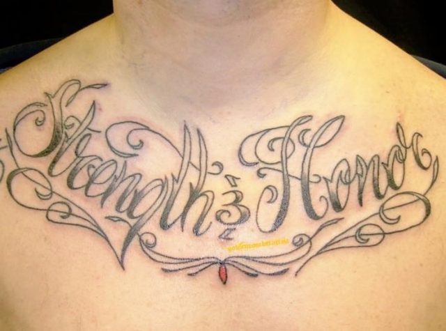 Strength honor chest tattoo