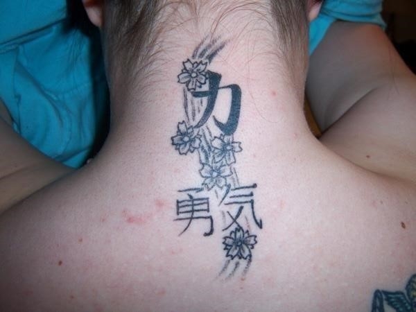 Strength symbols tattoos on upperback