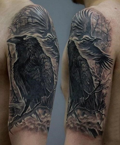 Stunning back raven on twig tattoo guys upper arms