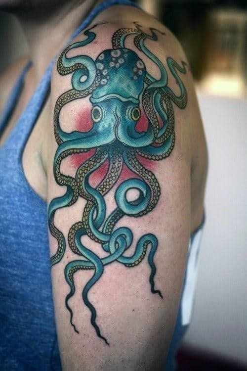 Teal traditional octopus mens arm tattoo
