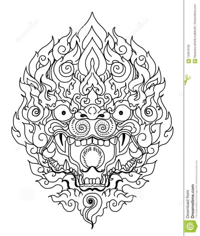 Thai demon mask line thai style hand drawn doodle art monkey mask tattoo thai dragon isolate vector line thai thailand 120819759