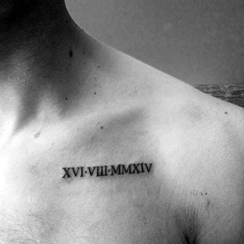 Tiny roman numeral mens upper chest tattoos