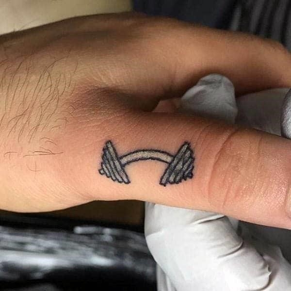 Tiny small finger dumbbell fitness tattoo ideas for men