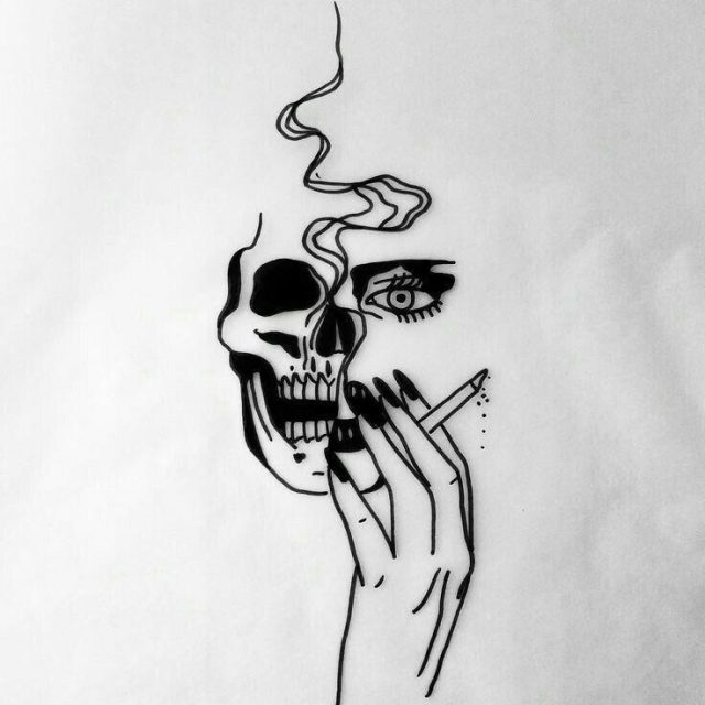 Tiny tattoo idea grunge dark minimalist skull cigarette tattoo