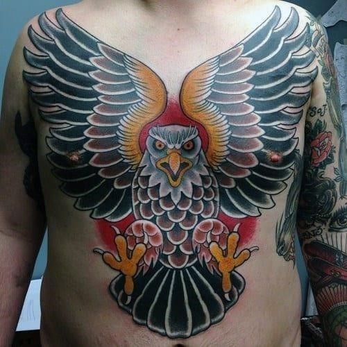 Traditional flying eagle amazing guys chest tattoos