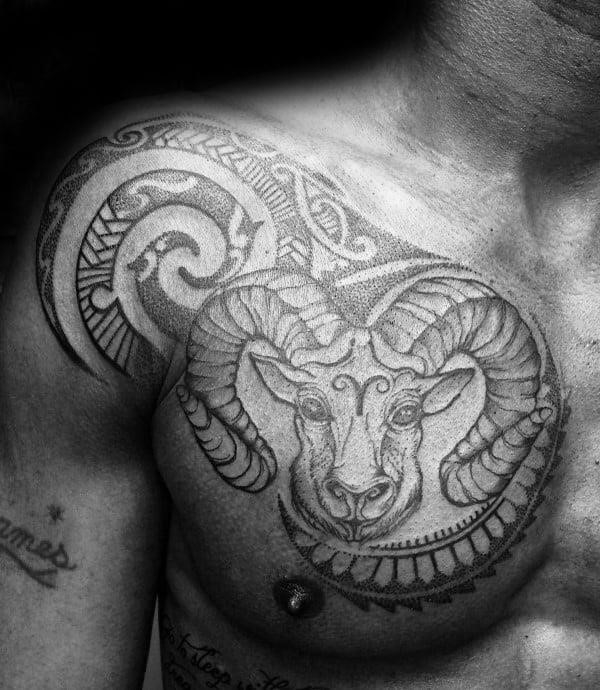 Tribal mens aries chest and shoulder tattoos