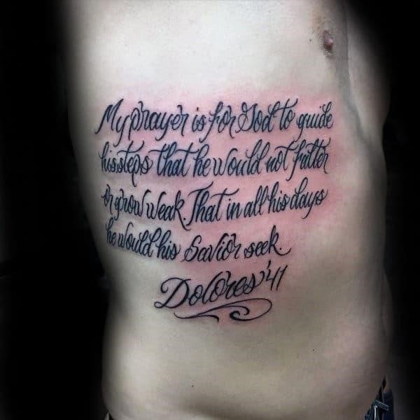 Tribute mens script rib cage side cursive wording tattoo