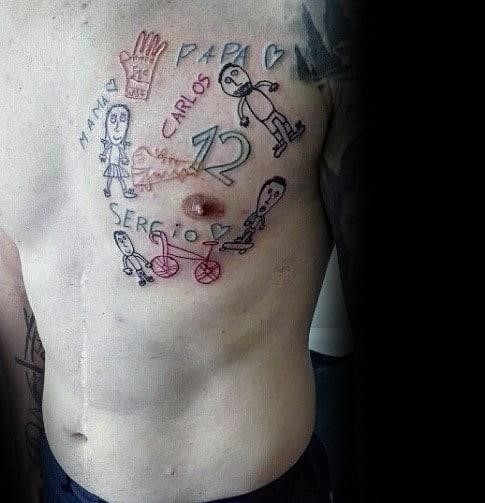 Unique kids name drawing mens chest tattoo