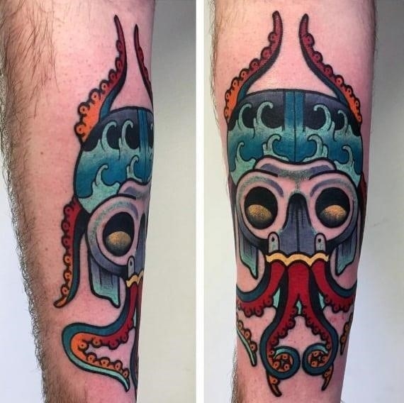 Unique male traditional octopus tattoo on forearm