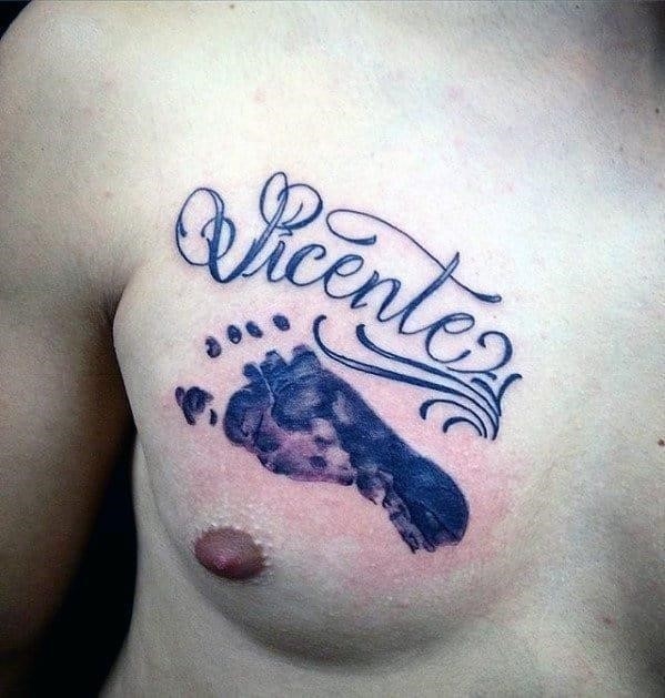 Vincent kids name footprint male chest tattoo