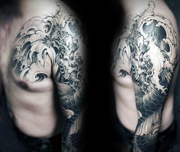 Water waves dragon chinese guys full sleeve tattoos